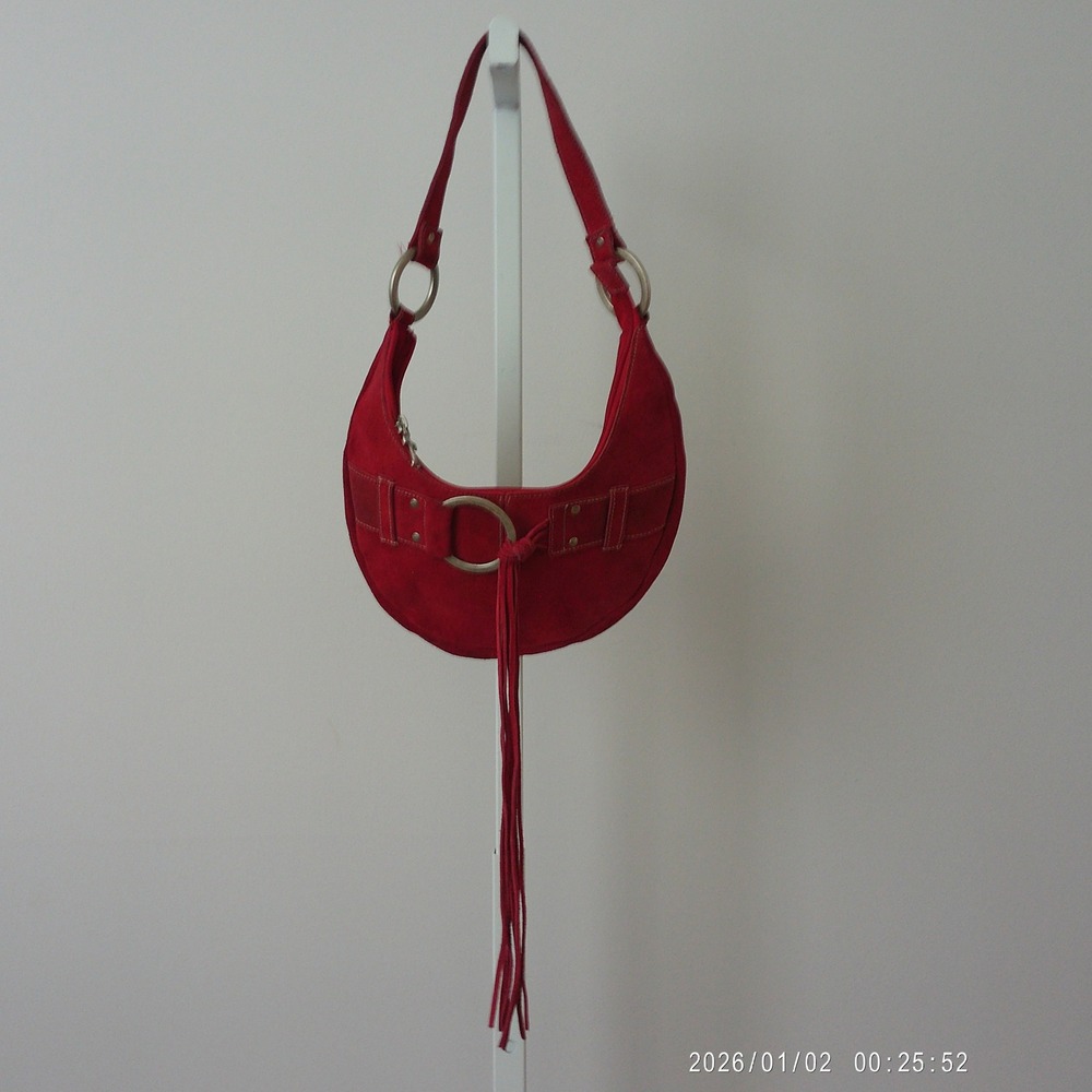 Thalia Sodi Suede Boho Western Fringe Y2K Cowgirl Hobo Shoulder Bag Red
